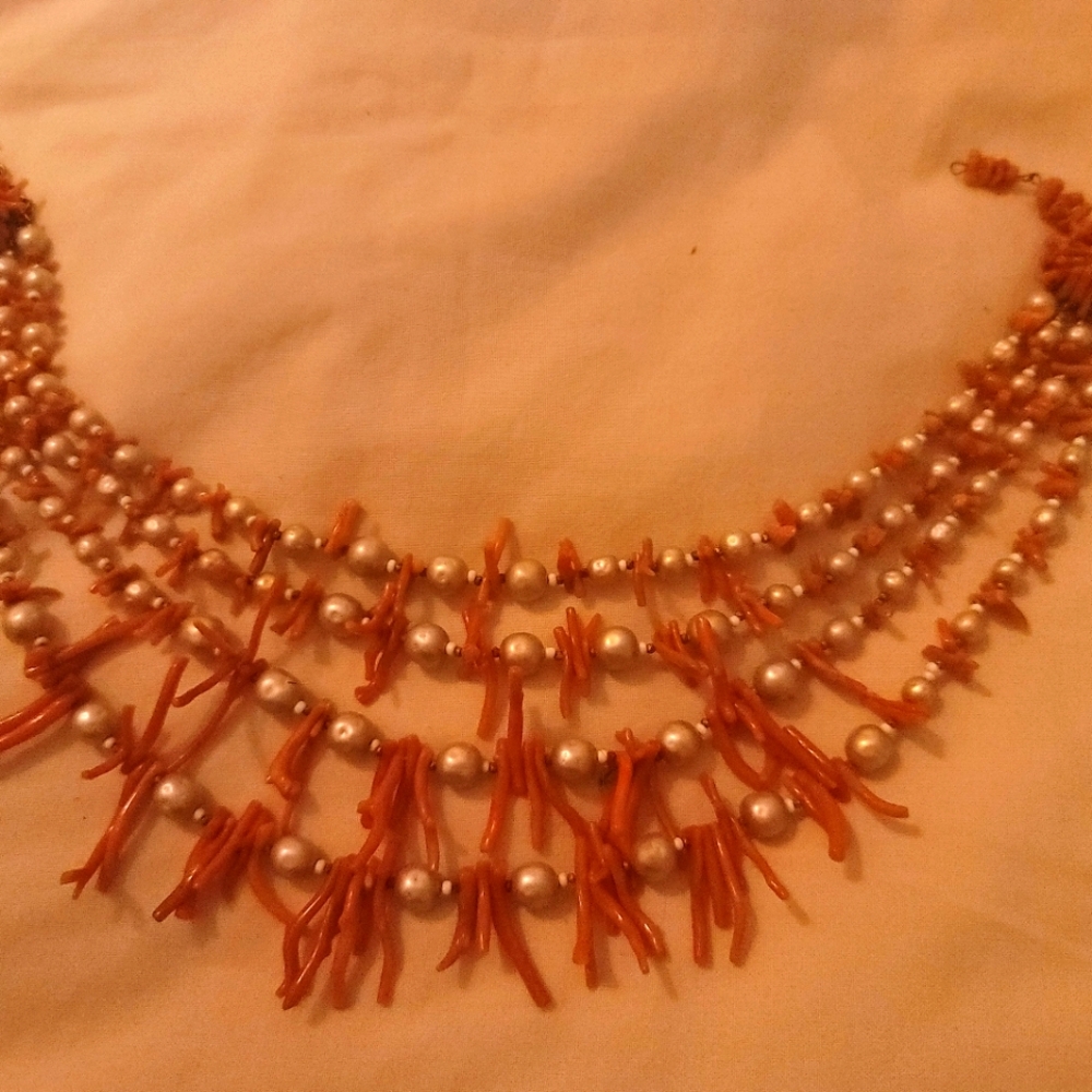 Vintage three strand red coral and pearl neckless